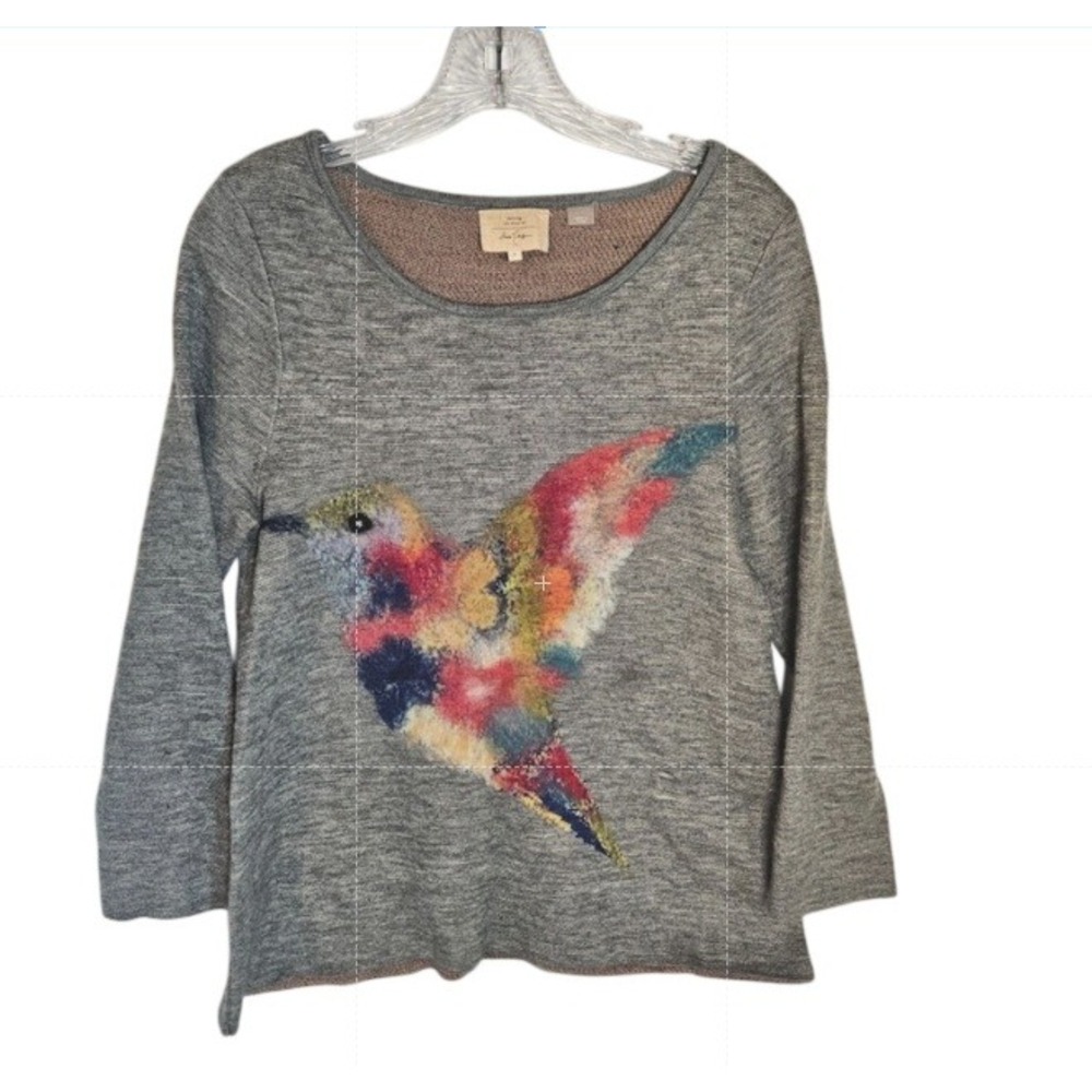 Anthropologie Starla M Hoffman Cute Hummingbird Gray Sweater Small Boho Birds - Picture 5 of 5